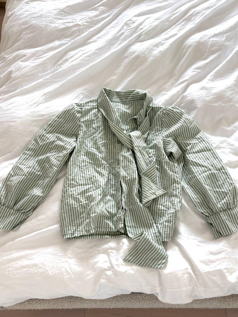 Green and White Striped Tie-Neck Blouse